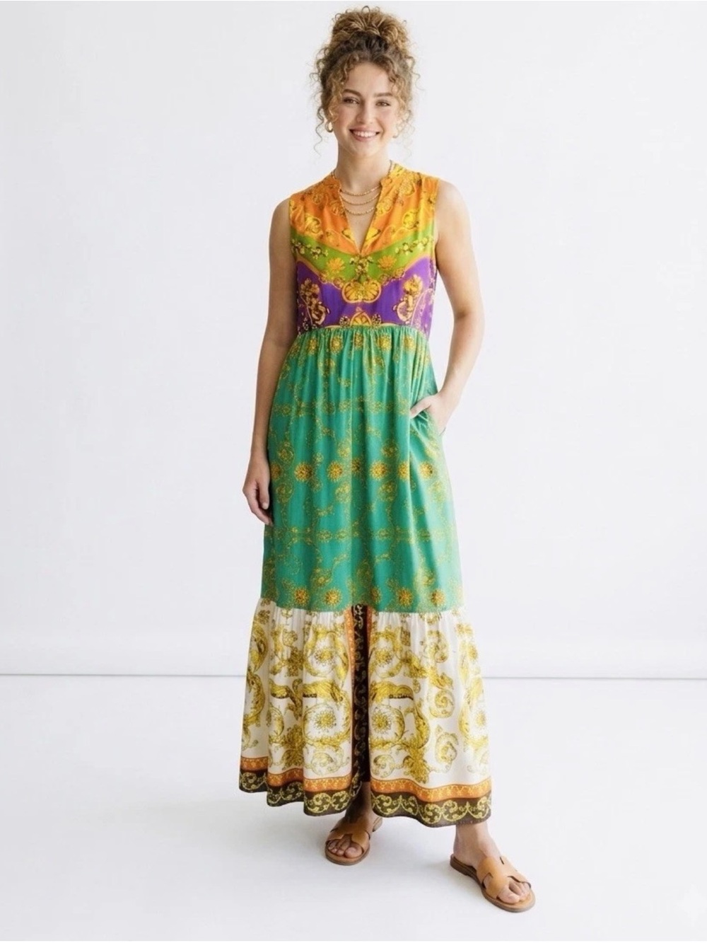 Vintage Y2K Bohemian Festival Vacation Patchwork Tiered Skirt Beige ECI Dress L